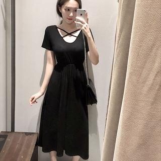 Cross Neck Short-sleeve A-line Midi Dress