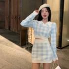 Long-sleeve Collared Gingham Knit Crop Top / Mini Pencil Skirt