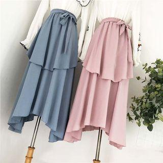 Tie-waist Midi A-line Tiered Skirt