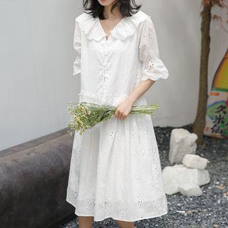 Elbow-sleeve Midi A-line Lace Dress White - One Size