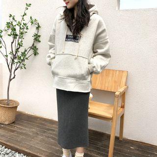 Printed Fleece-lined Hooded Pullover Dark Gray - One Size