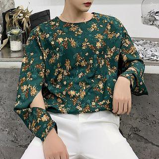 Long-sleeve Floral Print Cutout T-shirt