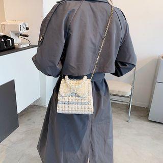Faux Pearl Bow Tweed Crossbody Bag