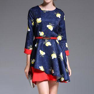 Mock Two Piece Embroidered Long Sleeve Dress With Belt