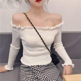 Off Shoulder Ruffle Trim Knit Top