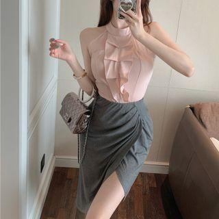 Sleeveless Mock-neck Ruffled Blouse / Asymmetrical Pencil Skirt