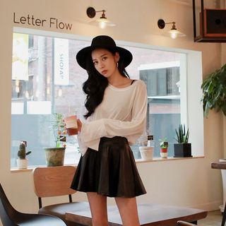 Band-waist Faux-leather Mini Flare Skirt