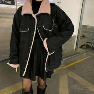 Fluffy Collar Denim Jacket Khaki Collar - Black - One Size