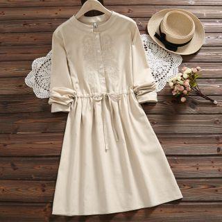 Embroidered Drawstring Long-sleeve A-line Dress