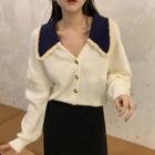 Color Block Buttoned Knit Top As Shown In Figure - One Size