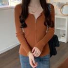 Round-neck Plain Zip Long-sleeve Knit Top