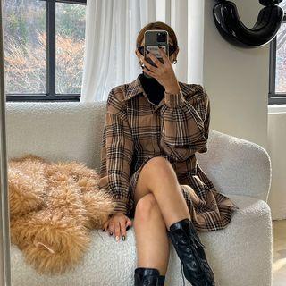 Two-way Balloon-sleeve Plaid Shirtdress