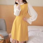 Frill-neck Contrast-sleeve Flare Dress