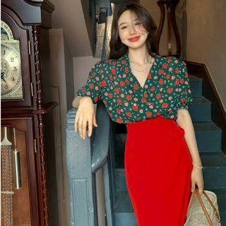 Puff-sleeve Floral Print Blouse / Midi Pencil Skirt