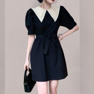 Short-sleeve Contrast Collar Tie-waist Mini A-line Dress