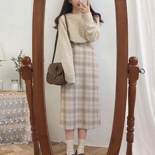 Plaid Midi A-line Skirt / Plain Sweater / Long-sleeve Shirt