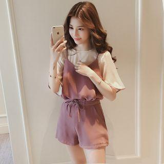 Set: Crew-neck Short-sleeve T-shirt + Plain Camisole Top + Shorts