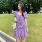 Short-sleeve Floral Print A-line Mini Dress Purple - One Size