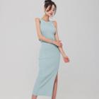 Sleeveless Midi Slit Knit Sheath Dress Sky Blue - One Size
