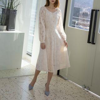 Button-front Laced Dress Light Beige - One Size