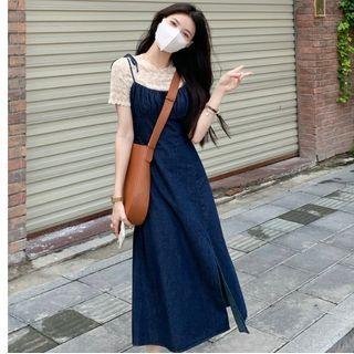 Spaghetti-strap Slit Denim Midi A-line Dress / Short-sleeve Top