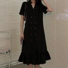 Short-sleeve Button Midi Mermaid Dress Black - One Size