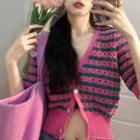 Short-sleeve Striped Cropped Cardigan Pink - One Size