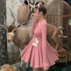 Plain V-neck Long-sleeve Slim-fit Dress Pink - One Size