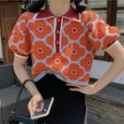 Puff-sleeve Flower Print Polo-neck Knit Top Tangerine & White - One Size