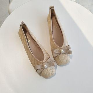 Faux Pearl Bow Woven Flats