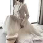 Long-sleeve Cold Shoulder Turtleneck Blouse / Mesh Overlay Irregular Midi A-line Skirt