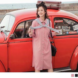 Detachable Striped Scarf Long Sleeve Shirtdress