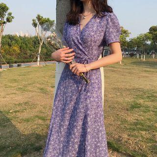 V-neck Floral Midi A-line Dress Blue - One Size