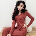 Long-sleeve Button Lace-up Dress