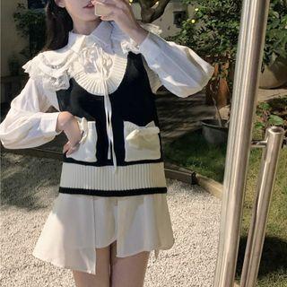 Lace Panel Blouse / Two-tone Sweater Vest