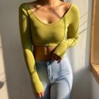 Plain Long-sleeve Scoop-neck Cropped T-shirt