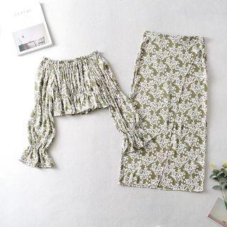 Set: Long-sleeve Off-shoulder Floral Print Crop Top + Slit Midi Pencil Skirt