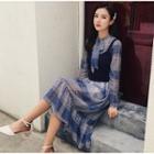 Set: Long-sleeve Plaid Midi Dress + Sleeveless Knit Top