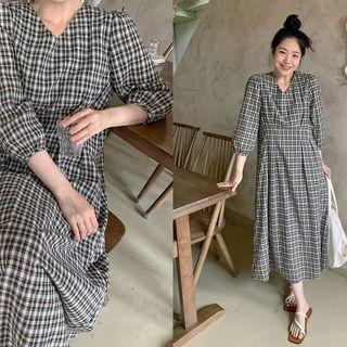 V-neck Plaid Long Dress Black - One Size