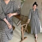 V-neck Plaid Long Dress Black - One Size