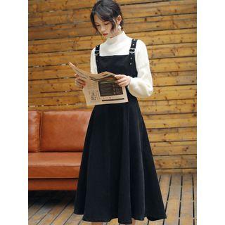 Set: Mock-neck Sweater + Corduroy Midi Jumper Dress