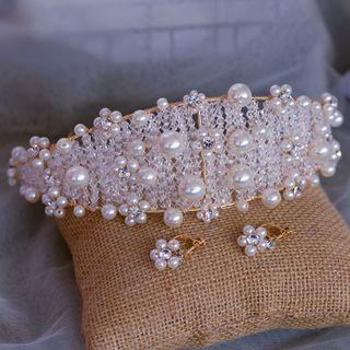 Set: Beaded Wedding Veil + Clip-on Earring 1pc Veil & 1 Pair Earring - White & Gold - One Size