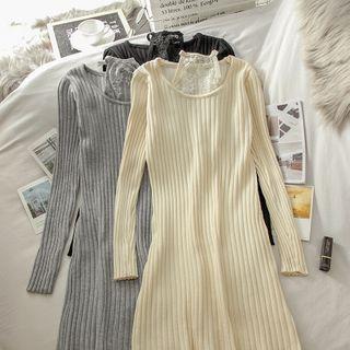 Long-sleeve Mini Ribbed Knit A-line Dress