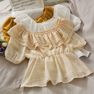 Off-shoulder Ruffled-trim Plaid Top