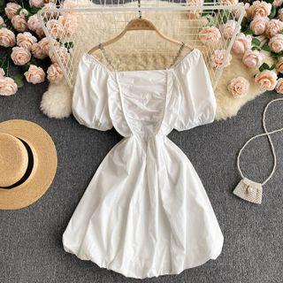 Off-shoulder Puff-sleeve Chain Ruched Spaghetti-strap Dress