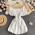 Off-shoulder Puff-sleeve Chain Ruched Spaghetti-strap Dress