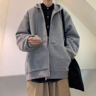 Long-sleeve Plain Waffle Zip Hooded Jacket