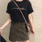 Set: Short-sleeve Lettering T-shirt + Leopard Print Mini Skirt