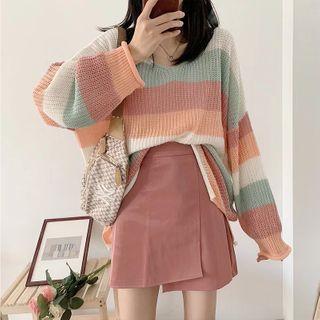 Long Sleeve Rainbow Stripe Sweater / Mini A-line Skirt / Set