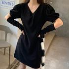 Set: Puff-sleeve Mini A-line Dress + Oversleeves Black - One Size